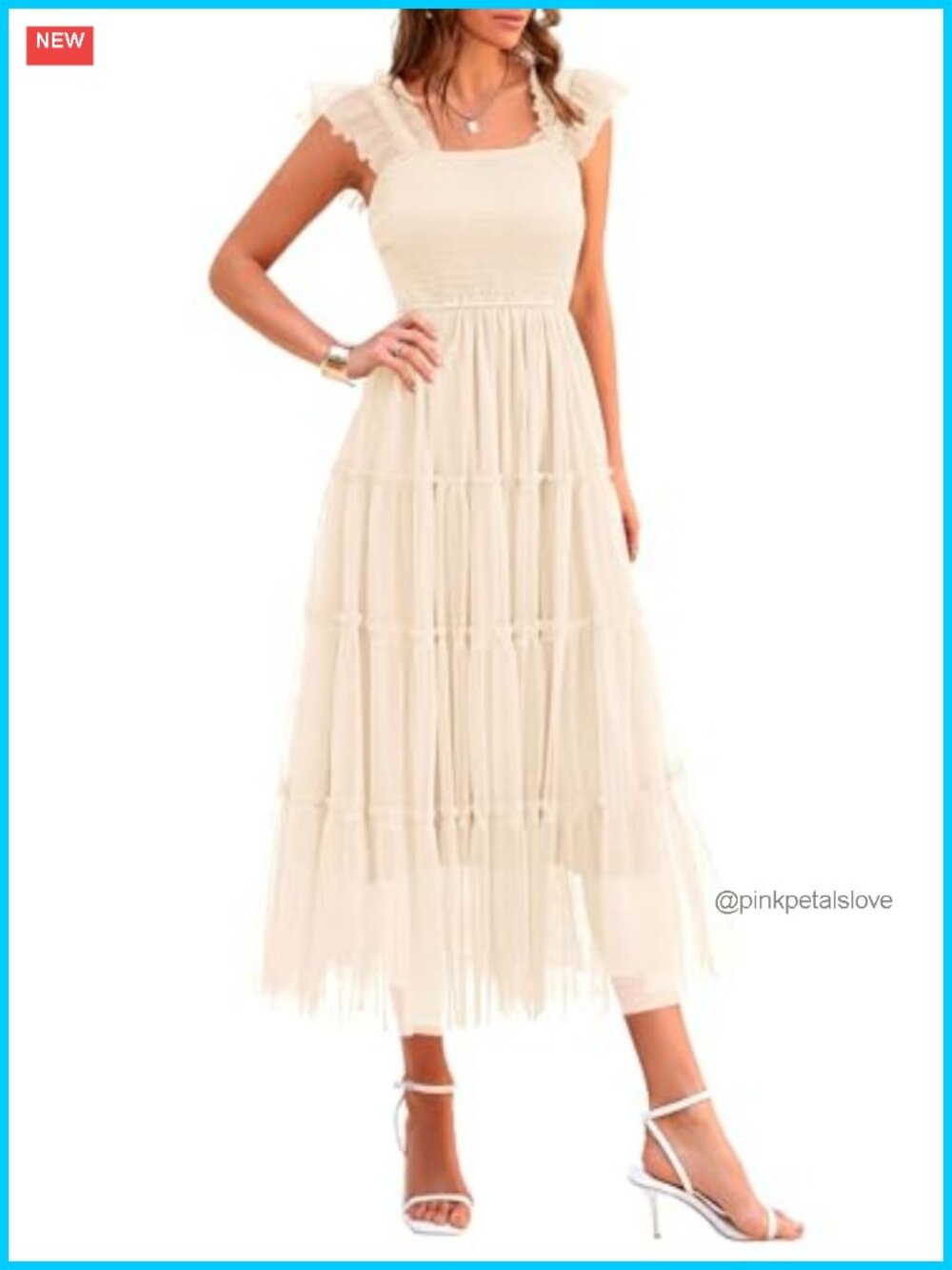 Smocked Midi Tulle Dress Fit and Flare Sleeveless Summer Sundress